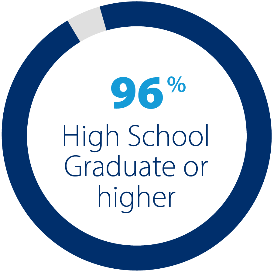 Pie chart showing 96% for high school graduate or higher